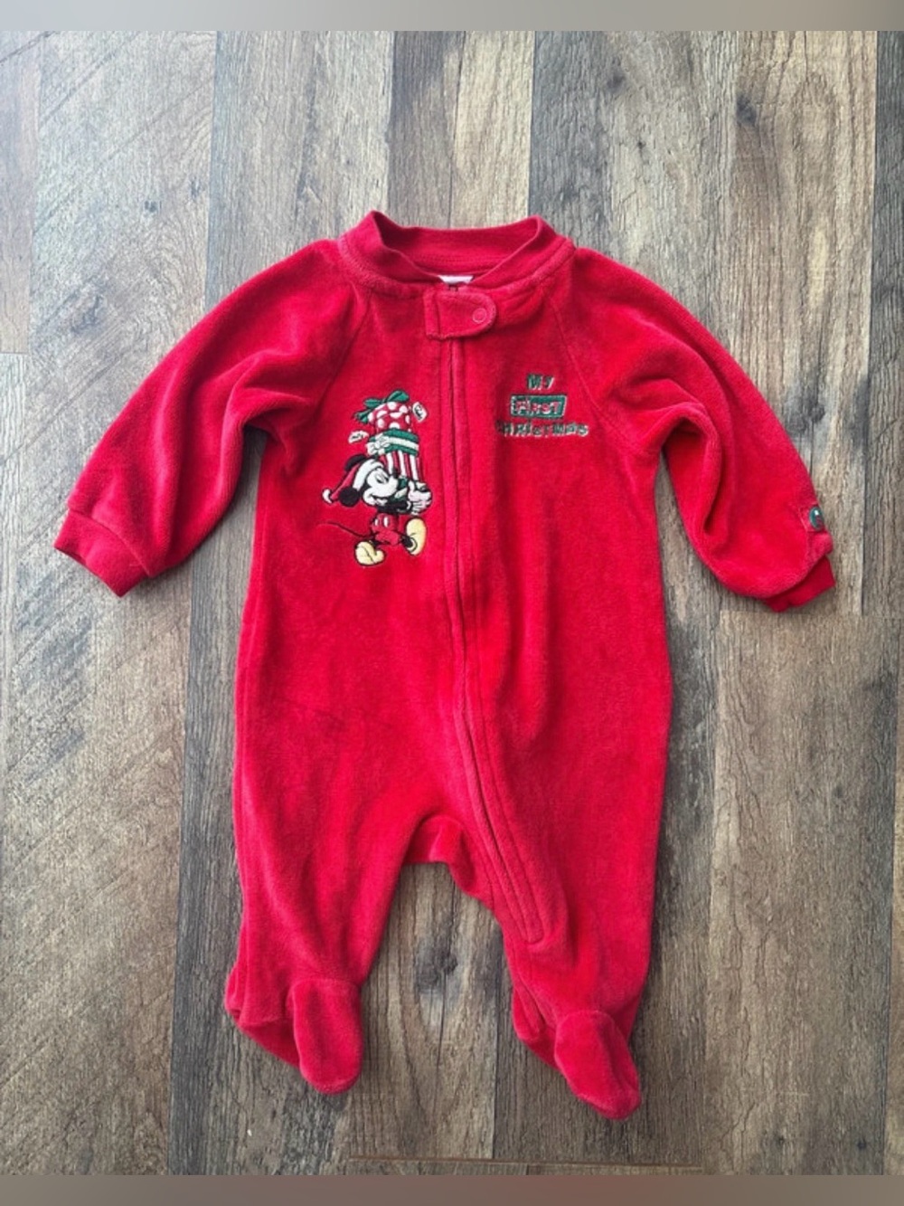 Disney Mickey Mouse My First Christmas vintage red velour sleeper onesie 0-3